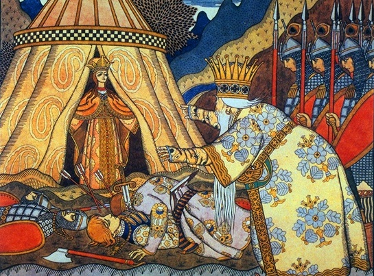 Царь Дадон встречает Шамаханскую царицу (иллюстрация Ивана Билибина, 1907 год)