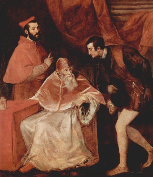 Папа Павел III с внуками Алессандро Фарнезе и Оттавио Фарнезе,Тициан Вечеллио, 1546 год