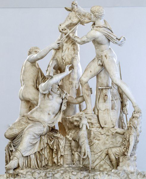 Фарнезский бык — знаменитая мраморная скульптурная группа изображающая казнь Дирки (или Дирцеи) братьями Амфионом и Зефом