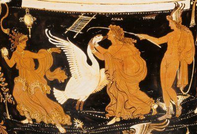 Леда и лебедь. IV век до нашей эры. Фрагмент рисунка на краснофигурном сосуде. Апулия (Южная Италия)