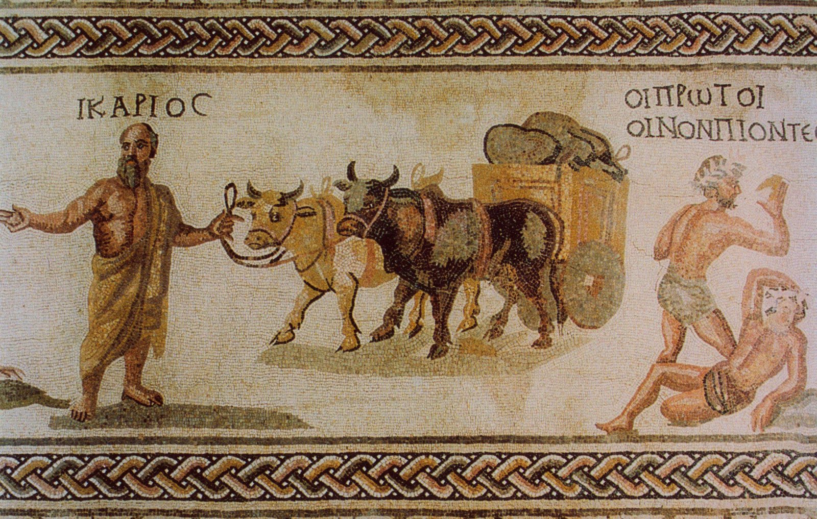 Икарий и пьяные пастухи. Мозайка. Конец II в. н. э..jpg. Дом Диониса. Пафос, Археологический парк.