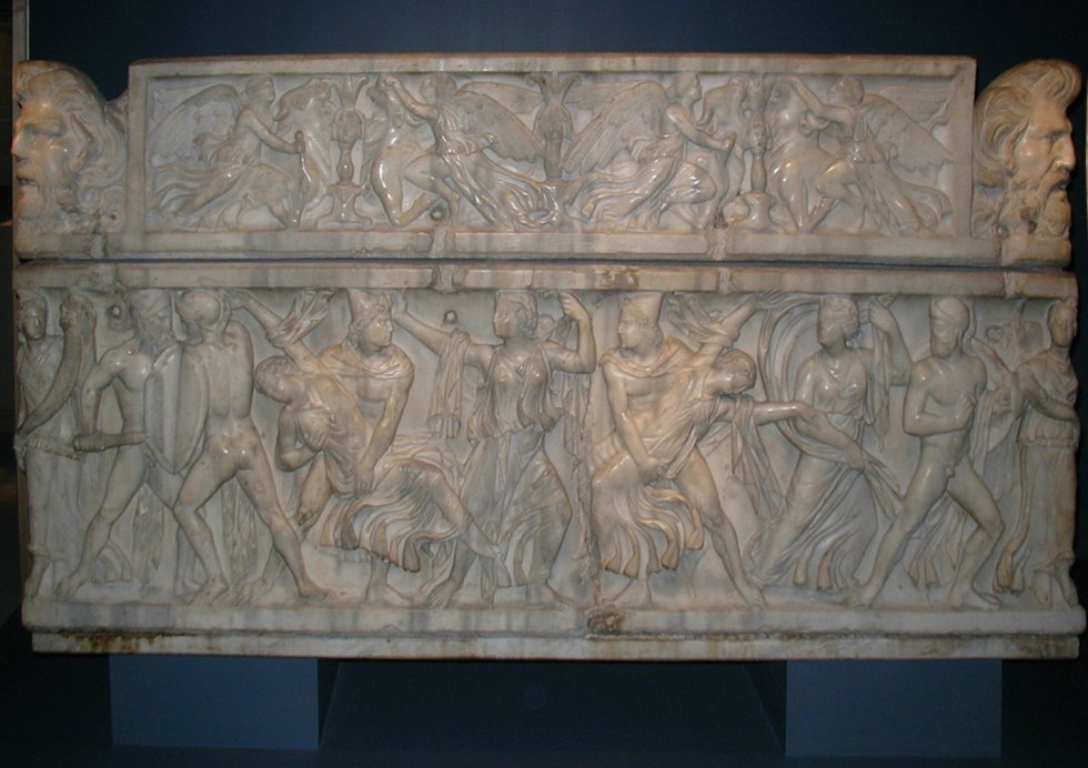 Римский саркофаг с Кастором и Поллидевком, захватившими дочерей Левкиппа, ок. 160 г. н.э.