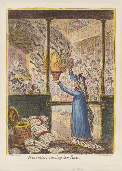 Пандора, открывающая свой ящик. Рисунок Джеймса Гилрея, 1809