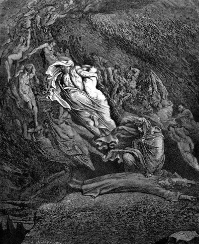 Гюстав Доре. Иллюстрация к «Божественной комедии» (1857): Данте теряет сознание от жалости о бедственном положении Франчески да Римини, в то время как ураган душ окружает их
