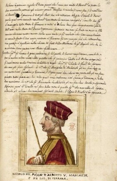 Портретный медальон Никколо III д’Эсте. Изображение из летописи Феррары.