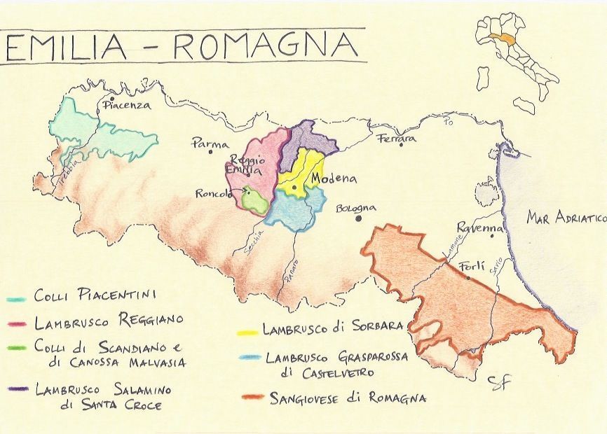 Виноград и вино Ламбруско происходят из четырех зон в Эмилии-Романье и одной в Ломбардии, главным образом вокруг центральных провинций Модены, Пармы, Реджо-Эмилии и Мантуи