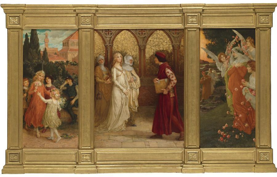 Три встречи Данте с Беатрис: на первомайском празднике, на флорентийской улице и в земном раю. Картина Элизабет Сонрель (1874—1953).
