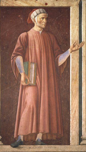 Данте на фреске виллы Кардуччо Андреа дель Кастаньо (1450, Галерея Уффици)