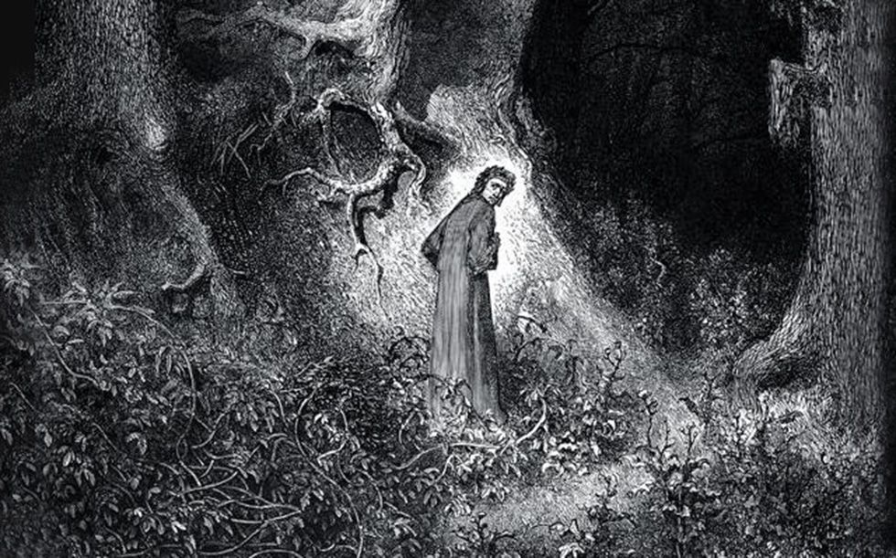 Данте в сумрачном лесу. Дремучий лес — символ совершенных на протяжении жизни грехов и испытываемых заблуждений. Фрагмент иллюстрации Гюстава Доре (1832-1883)
