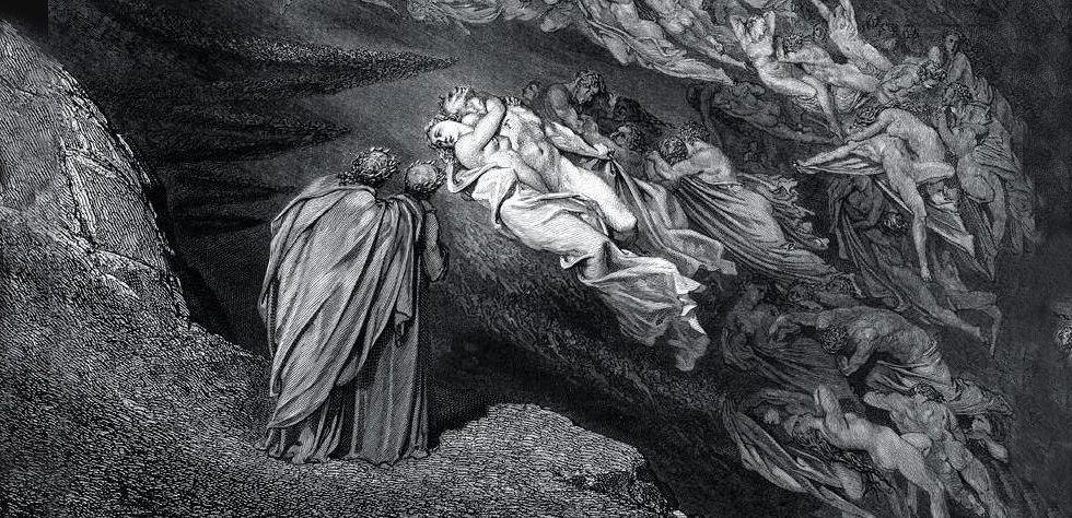 Данте и Вергилий встречают души Франчески и ее любовника Паоло среди сладострастников на втором круге ада
