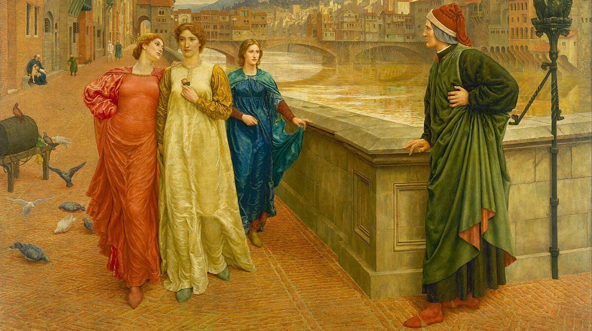 «Данте встречает Беатриче на мосту Санта-Тринита» в представлении Генри Холидея (XIX век).  Художник символически изобразил спутниц Беатриче в образах распутства и целомудрия.