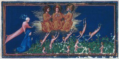 Иллюстрация к «Божественной комедии»: Беатриче несет поэта ввысь к Святой Троице. Джованни ди Паоло (1403—1482)