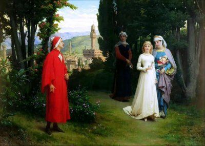 Первая встреча Данте и Беатриче в саду (First Meeting of Dante and Beatrice). Генри Холидей. 1860 г.