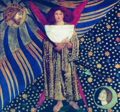 «Любовь Данте». Данте Габриэль Россетти. 1859 год. Звездное небо. В центре — Бог Любви или Амор. В верхнем правом углу — Солнце с образом Данте. В нижнем левом углу — Луна в коей запечатлен лик Беатриче.