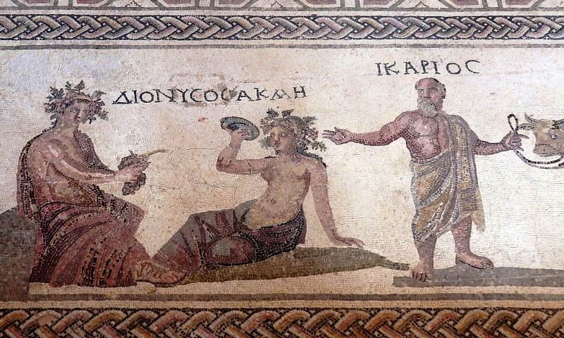 Икарий, Дионис и Акме. Мозайка. Конец II в. н. э. Дом Диониса. Пафос, Археологический парк.